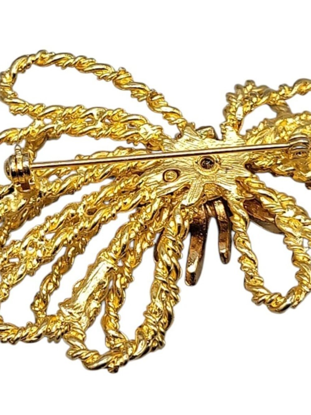 Vintage Bow Brooch Large Twisted Rope w/Rhinestone Accents Bright Gold Tone - Picture 5 of 6